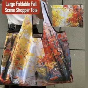 NWT LARGE Fall Scene art Shopper Folding Large bag w pouch